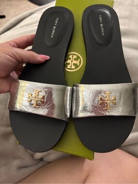 Tory Burch Metallic Silver Slide Sandals with Gold Logo